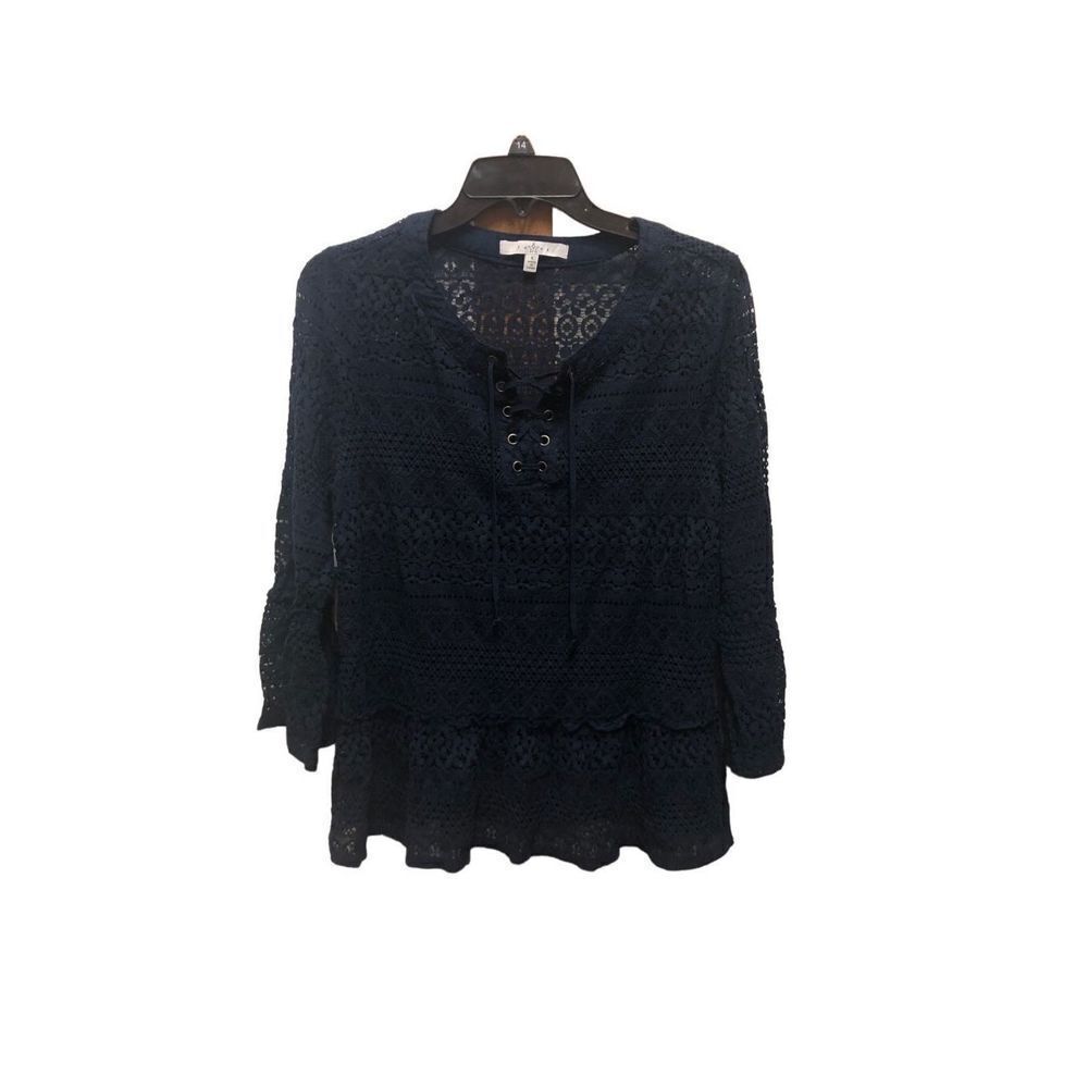 Fever Women’s 3/4 Sleeve Navy Blue Sheer Lace Ruffle Trim Blouse Size L
